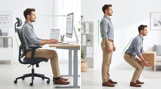 Professional demonstrating ergonomic workstation posture and lifting techniques for back health with comparison proper ergonomic modern office setting