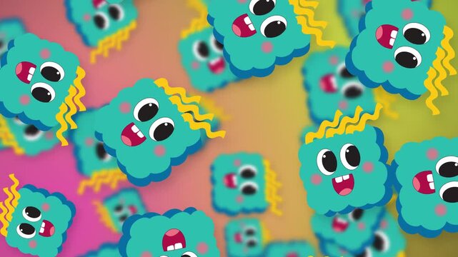Playful Cartoon Characters Falling Over Vibrant Mesh Gradient Background