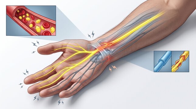 Anatomical illustration of hand nerve pathways and blood flow with medical highlights with including close ups cellular vascular structures compression stimulation effects
