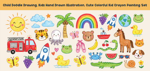 Fototapeta premium Child doodle drawing kids hand drawn illustration cute colorful kid crayon painting set with fire truck tiger octopus frog rainbow grapes rocket ship horse banana and crab animal sketches.