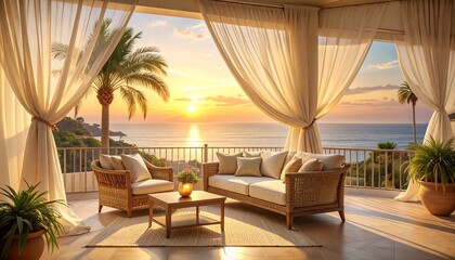 Fototapeta premium Realistic photo of an elegant coastal terrace glowing in warm evening afterglow, featuring soft linen textiles, natural textures, refined decor, tranquil atmosphere, and inviting seaside ambiance.