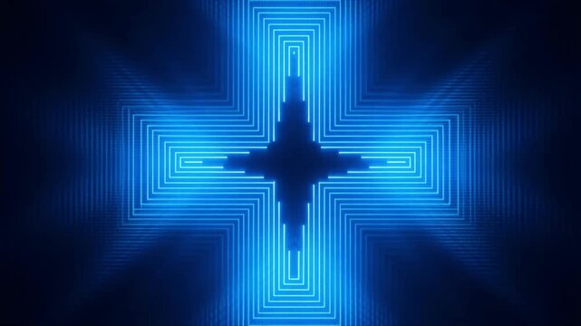 Abstract techno background featuring glowing blue neon lights, striped cross shaped textures, and a seamless looping design, creating a modern futuristic atmosphere for technology, innovation, and dig