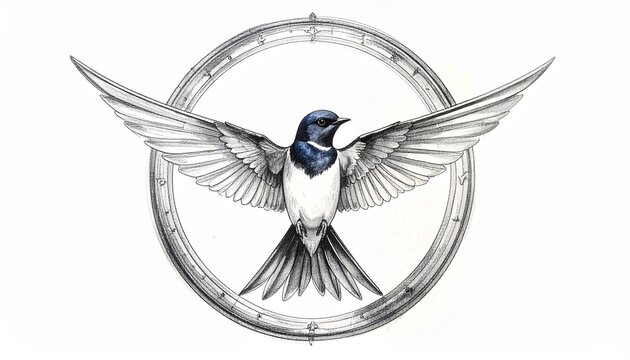 Elegant charcoal illustration of a swallow with outstretched wings, inspired by Japanese family crests, featuring a bold circular frame and monochrome tattoo style suitable for decorative design.
