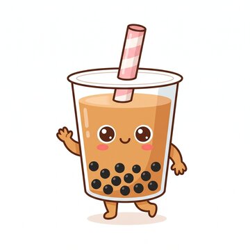 Cute bubble tea character with tapioca pearls, a transparent cup, straw and cheerful face, illustrated in an adorable cartoon style on a clean white background