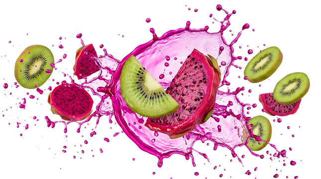 Vibrant dragon fruit and kiwi splash, fresh tropical fruit juice explosion on white, pink liquid droplets with sliced pitaya and kiwi
