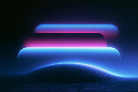 Blurred rounded rectangular shapes with neon glow in a dark, cosmic setting