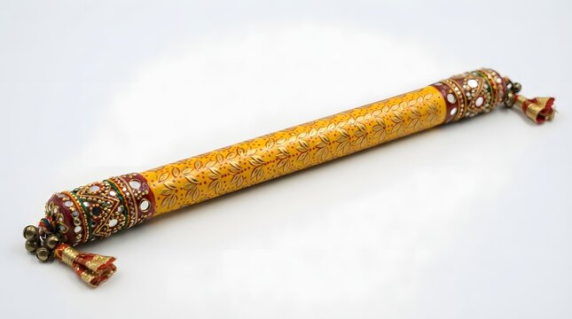 Traditional indian dandiya stick with intricate gold leaf pattern, mirror work, and decorative bells, isolated on white background