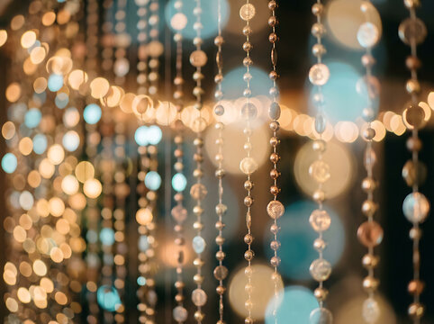 Abstract background with vertical beaded curtains and soft glowing golden bokeh lights, creating a festive and elegant atmosphere for celebrations