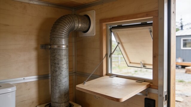 Composting toilet ventilation pipe and access hatch inside a tiny house interior