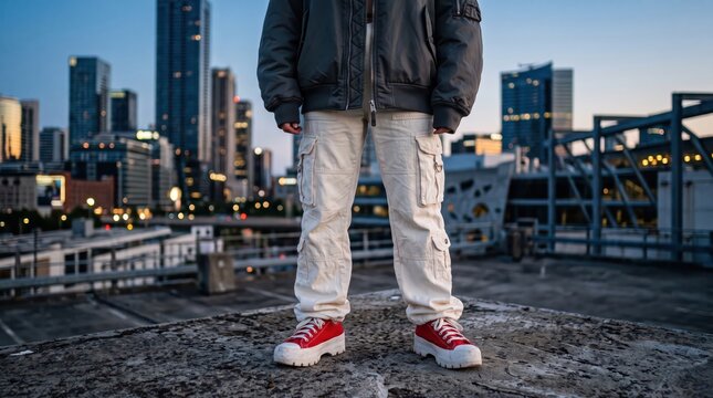 Person standing on rooftop edge overlooking city skyline at dusk wearing cargo pants jacket and red sneakers, urban mood and textured concrete foreground