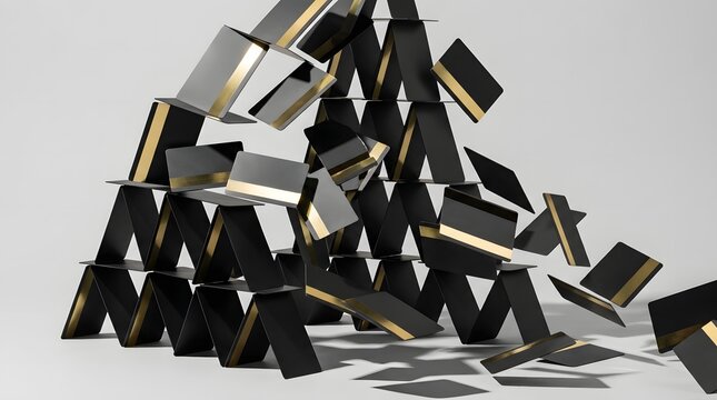 Unstable house of cards built from black credit cards collapsing on a white background representing high risk investment and inevitable economic failure