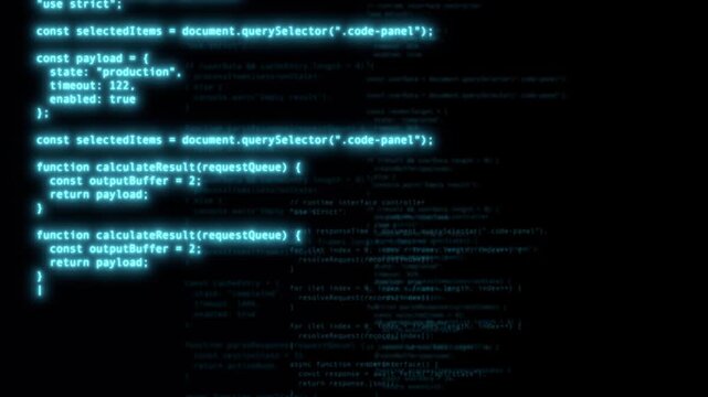 Animated JavaScript code snippet with syntax highlighting appears and updates on a dark digital screen. Layered cyan and black tones enhance movement and depth.