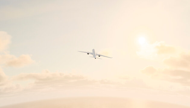 A commercial airplane is flying upward in a sunny sky with clouds