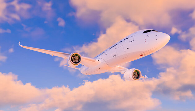 A commercial airplane flying through a blue sky with sunset clouds