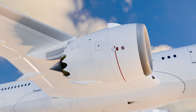 Close-up of a jet engine on a commercial airplane wing flying