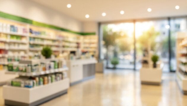 Unscharfe Apotheke mit Schaufensterfront im warmen Abendlicht