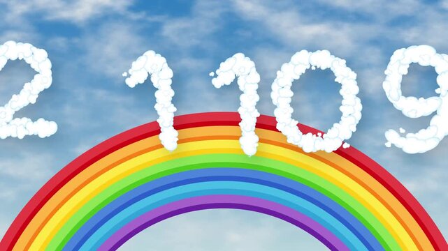 Animated Cloud Numbers Floating Over a Vibrant Rainbow in Blue Sky