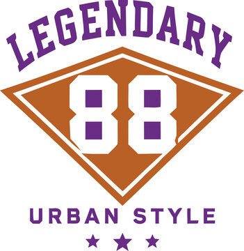 88 Urban Style Purple Varsity Vector T-Shirt Design with Orange Diamond Shield Crest and Stars