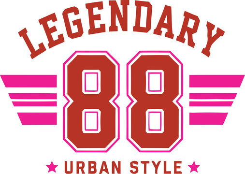 88 Urban Style Red Varsity Vector T-Shirt Design with Pink Wings and Stars
