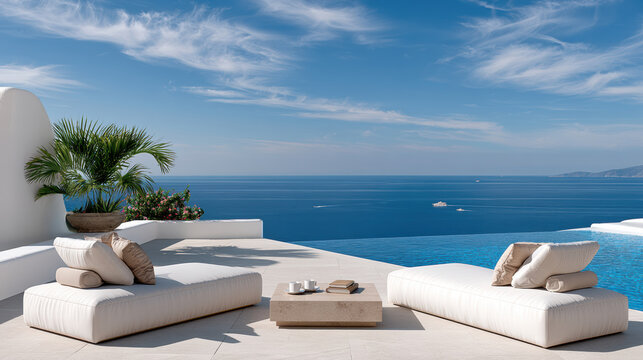 Modern outdoor lounge chair white cushion infinity pool ocean view blue sky luxury villa summer relaxation vacation