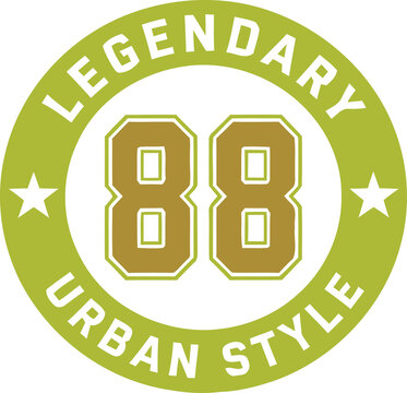 88 Urban Style Olive Green Varsity Vector T-Shirt Design with Round Badge and Gold Numbers