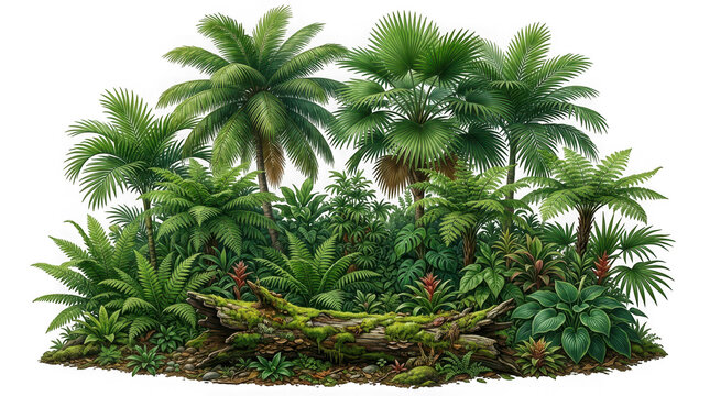 Lush tropical jungle foliage with palm trees, ferns, and a mossy fallen log isolated on transparent background