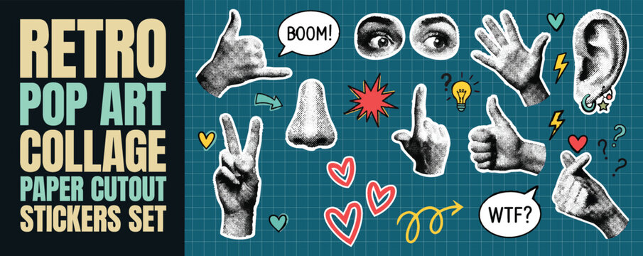 Retro pop art collage paper cutout stickers with comic doodles and playful gestures, vintage graphic elements for design projects vector illustrations