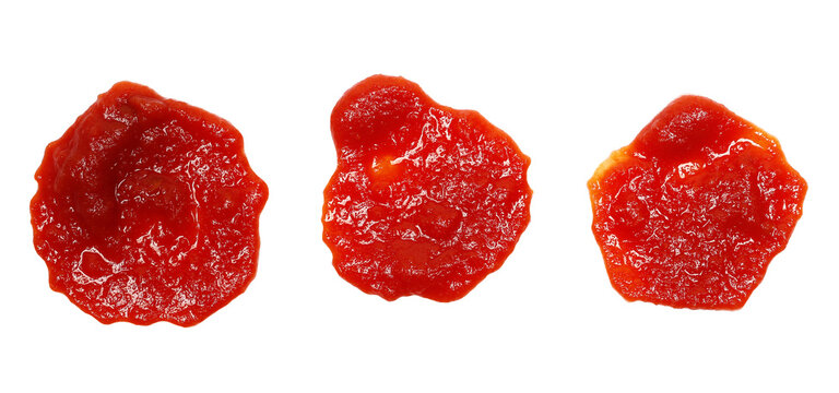 Set tomato pulp isolated on white background, top view