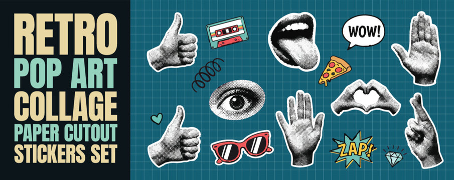 Retro pop art collage paper cutout sticker set with vintage hand gestures and food items halftone graphic elements with comic book style doodles and expressive magazine aesthetic illustrations design