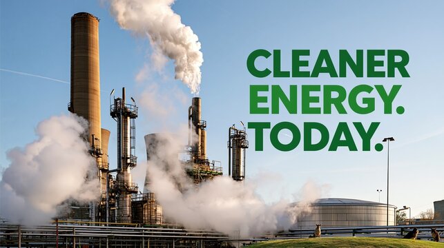 Banner photograph of a renewable diesel refinery with steam rising against a clear sky, bold green text on the right side reading "CLEANER ENERGY. TODAY." in modern sans-serif font