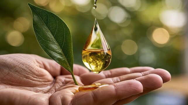 Close-up photograph of a hand holding a green leaf next to a glass droplet of golden vegetable oil, soft bokeh background, symbolizing renewable plant-based fuel