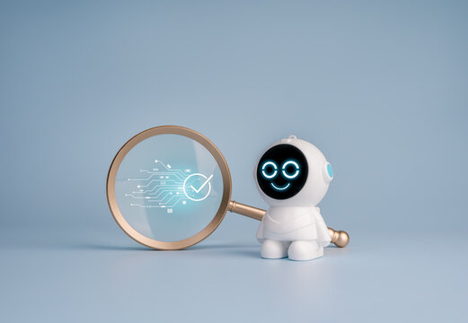 Friendly AI cute robot uses magnifying glass to inspect digital circuitry and check mark. Data verification, quality control, accuracy, automated auditing, and reliable information systems concept.