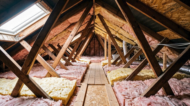 Proper attic insulation with fiberglass rolls between wooden roof rafters in residential house. Effective attic insulation improves thermal efficiency. Practical attic insulation for home renovation.