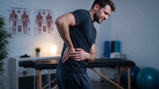 Man holding lower back in discomfort inside medical therapy room with anatomical charts with experiencing noticeable discomfort anatomical diagrams exercise