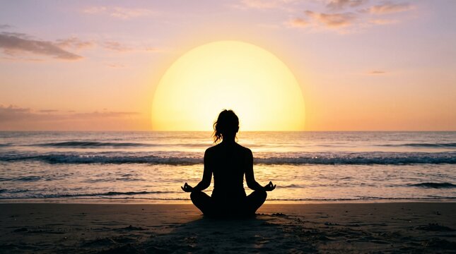Meditating woman silhouette at sunrise on beach, peaceful yoga practice by ocean, serene wellness and mindfulness concept