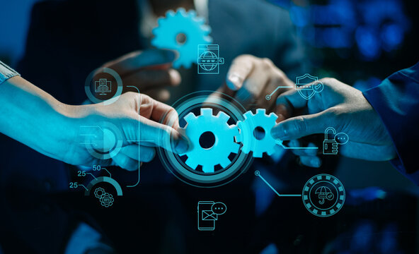 Business teamwork and digital technology concept with connected gears, symbolizing collaboration, cybersecurity, innovation, communication