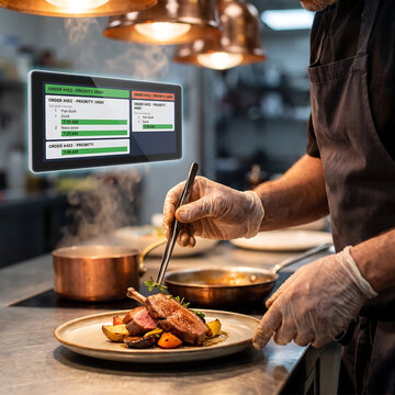 Professional chef plating gourmet dish with digital kitchen order display system in background