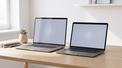 Fototapeta premium Realistic dual laptop screen mockup on minimal desk, clean blank display for digital design presentation.