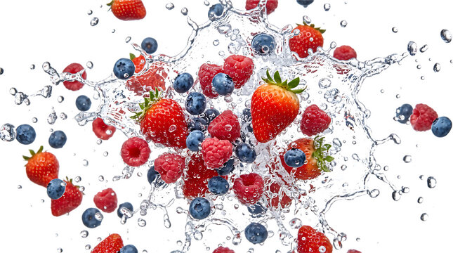 Fresh mixed berries splashing in water, vibrant strawberries and blueberries with water droplets, healthy fruit explosion on white background