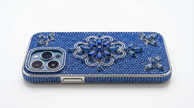 Luxury Sapphire Blue Crystal iPhone Case with Intricate Floral Filigree and Dragonfly Accents
