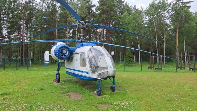 White and blue utility helicopter K-26 with prominent rotor blades stands on green grass field, background of tall pine trees and overcast sky, outdoor aviation display aircraft.