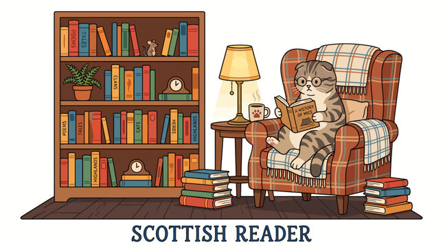 Very beautiful colorful vector of a Scottish Fold cat reading beside a bookshelf, cozy chair, books and lamp, warm flat colors, clean outlines, white background, no gradients. SCOTTISH READER