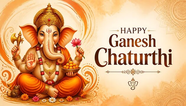 Happy ganesh chaturthi greeting card illustration with lord ganesha