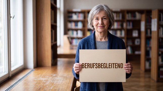 Seniorin h&auml;lt Schild berufsbegleitend in Bibliothek