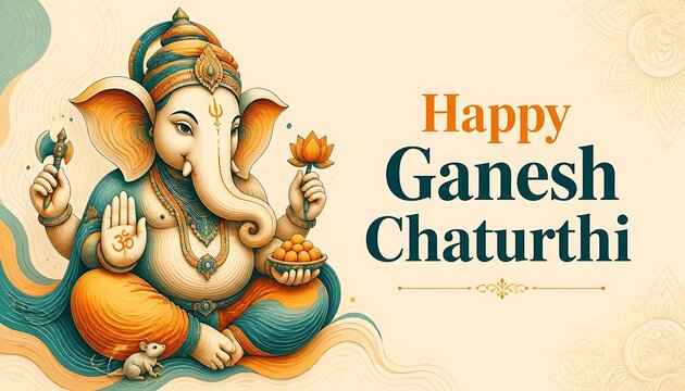 Happy ganesh chaturthi festival banner with colorful painted deity