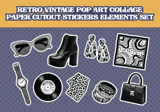 Retro vintage pop art collage paper cutout stickers elements set including black and white fashion accessories such as sunglasses high heel boot earrings watch record and handbag for design