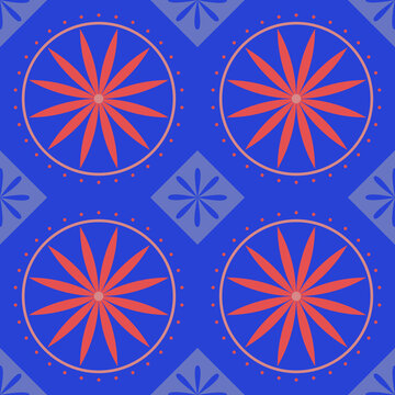 Seamless Pattern Geometric Floral Pattern Blue and Red Background, suitable for textile design, wallpaper, ceramic design