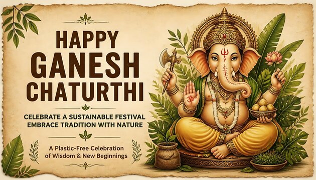 Happy ganesh chaturthi greeting banner with lord ganesha and tropical