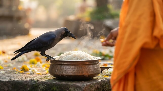 Crow eating rice offering from a brass bowl in a traditional hindu ritual setting