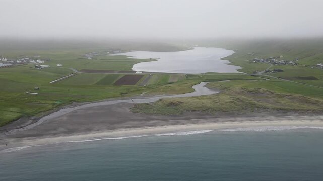 Aerial View of Sandv&iacute;k Beach and Lake Sandsvatn on Sandoy Island, Faroe Islands